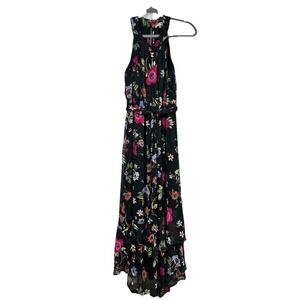 Calvin Klein Floral Maxi Dress 4 Black Chiffon Halter Ruffle Romantic Feminine
